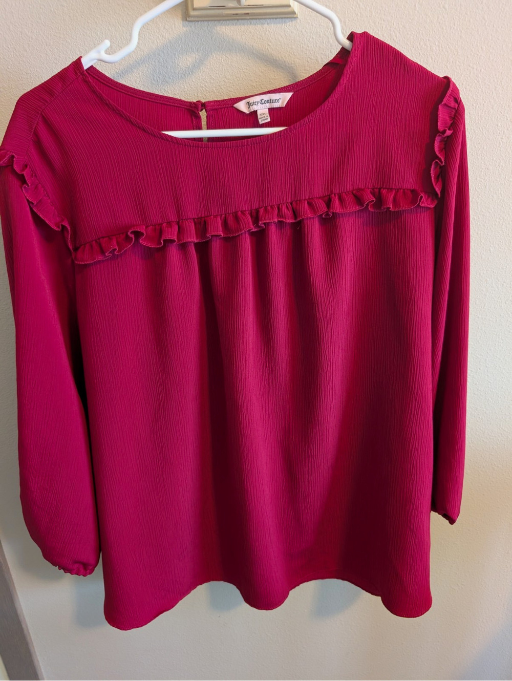 Juicy Couture Women's 2XL Pink Ruffle Woven Blouse 3/4 Sleeve Button Round Neck
